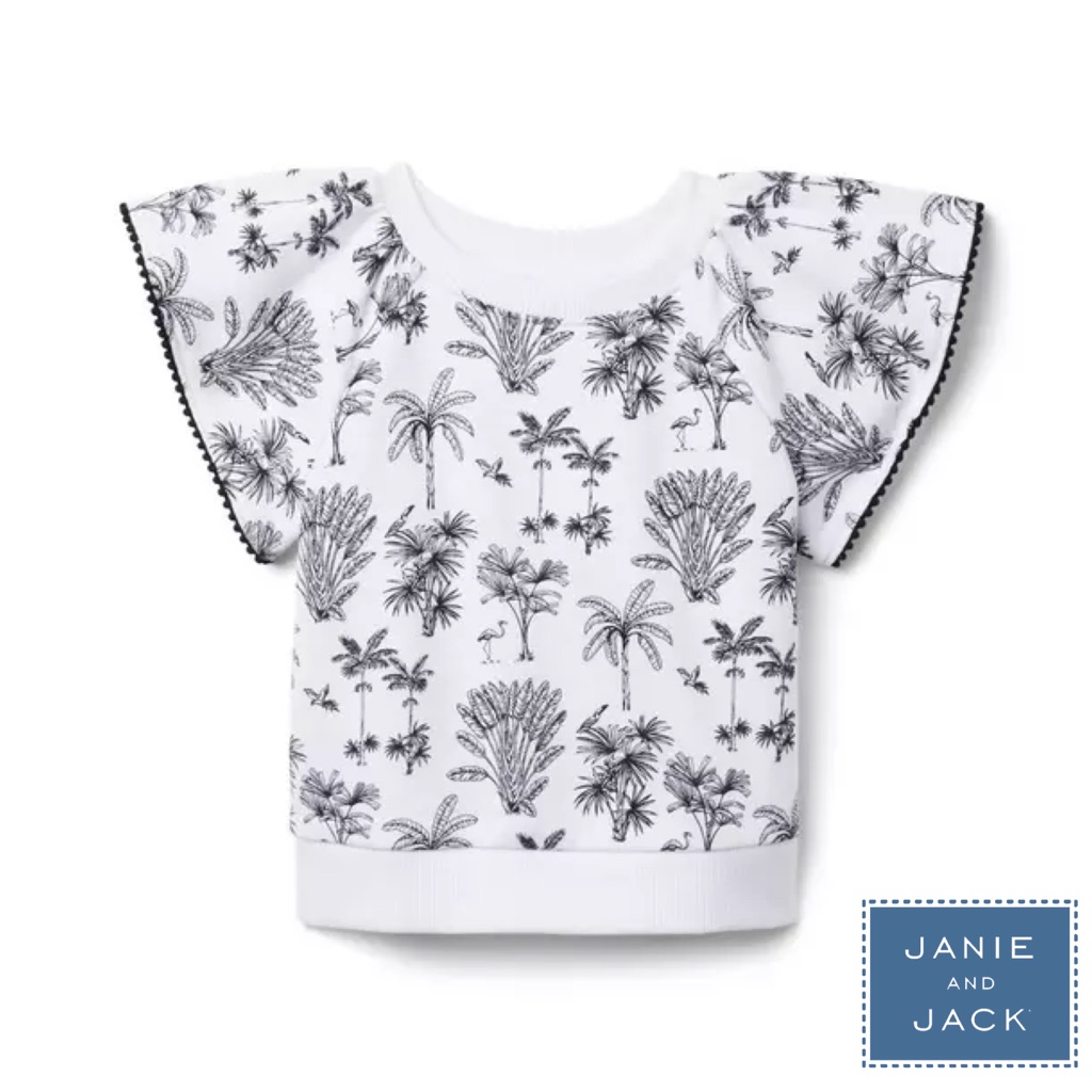 Janie And Jack Palm Toile Flutter Sleeve Top